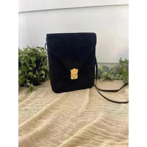 Black suede Frenchy of California bag leather crossbody retro‎ square boxy gold - Picture 1 of 6
